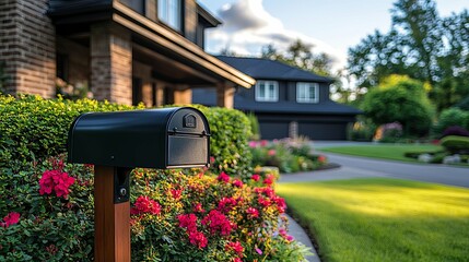 Black Mailbox in Front of a Brick House and Lush Green Lawn