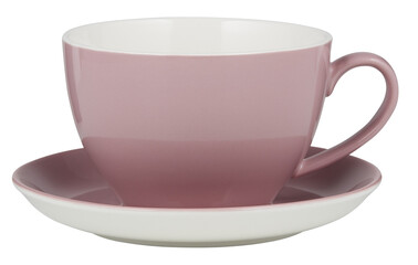 Coffee mug on saucer with pink handle
