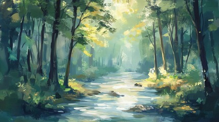 Obraz premium A nature painting featuring a serene forest with tall trees and a flowing river in soft brushstrokes