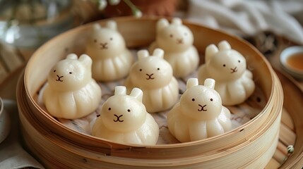 Morning comfort food, cute rabbit bao buns in a steamer, waiting to be enjoyed with tea