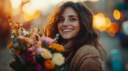 A woman with a joyful expression, holding a bouquet of flowers, capturing a moment of celebration or appreciation