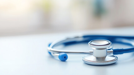 Close-up of a stethoscope on a table, symbolizing healthcare and medical examinations in a professional setting.