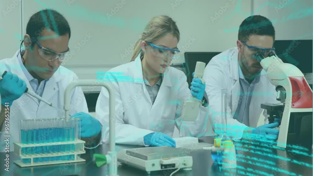 Poster animation of data processing over caucasian scientists doing experiments