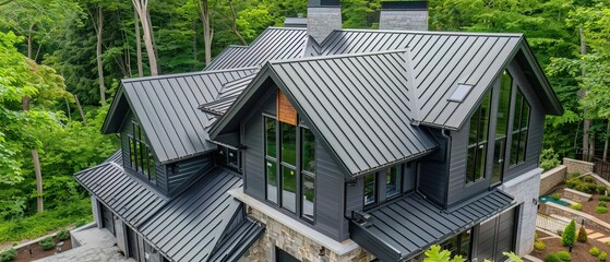 New home build, intricate metal roof against a lush green, professional installation