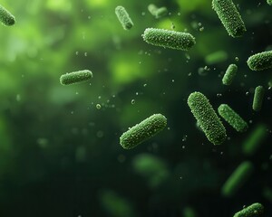 Glowing probiotic bacteria floating through a serene natural forest, interacting with microorganisms in the air, Fantasy, Soft lighting