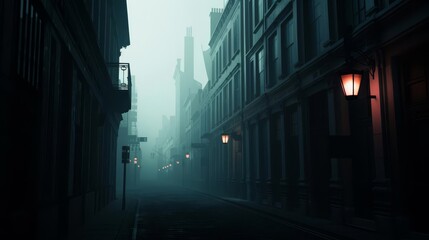 Fototapeta premium Mysterious foggy street with old buildings and dim streetlights.