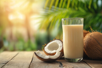 glass of cocnut milk on wooden table