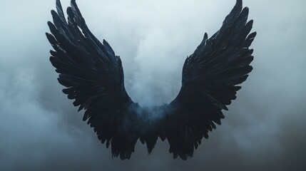 Obraz premium A pair of black angel wings rise from the mist, framed against a softly lit background, evoking power and grace.