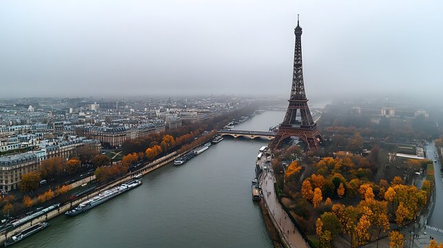 Foggy morning view of the Eiffel Tower and Seine River in Paris, showcasing autumn hues.