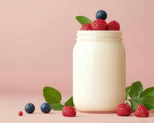 A natural yogurt jar with probiotics depicted as glowing orbs rising from it, surrounded by fresh fruits and greenery, Digital Illustration, Bright colors