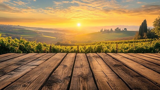 empty wooden deck with scenic sunrise view over tuscan countryside and agricultural land for travel and leisure