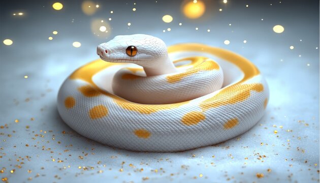 Yellow and White Ball Python Coiled on a White and Gold Background with Twinkling Lights