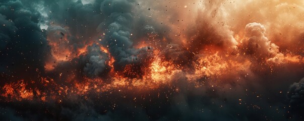 Fototapeta premium Intense battlefield scene with erupting fire, smoke, and dark clouds. Free copy space for text.
