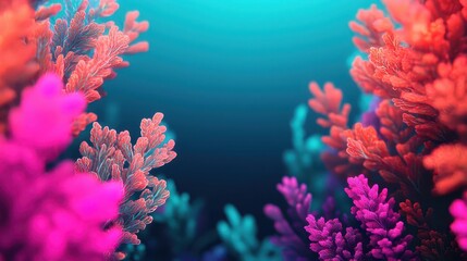 Probiotic bacteria thriving in a natural underwater setting, surrounded by coral and glowing sea plants, Digital Art, Bioluminescent, Cool tones