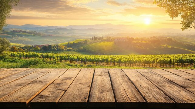 wooden surface with blurred tuscan hills and vineyard sunrise for product placement and rural travel industry concepts