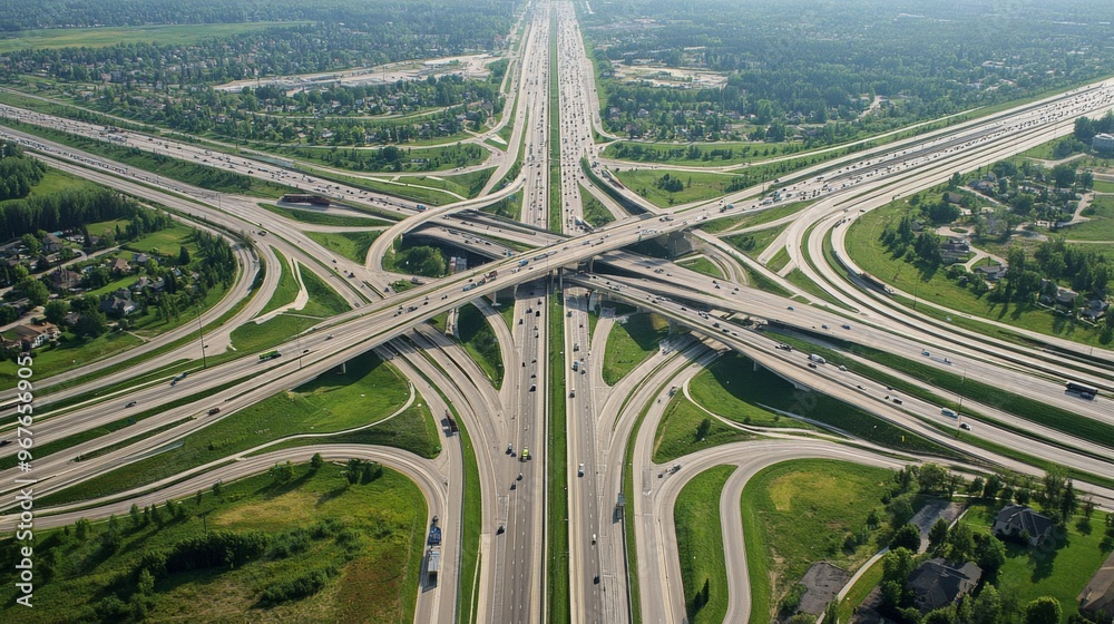 Poster An aerial view of an expressway interchange, showcasing the complex network of roads and the organized layout of the transportation system.
