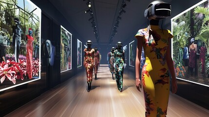 A futuristic fashion show featuring models in vibrant outfits and VR headsets, showcased in a visually striking exhibition space.