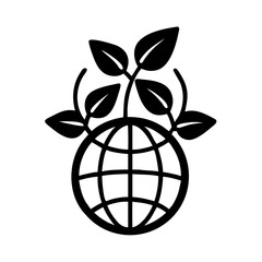 Black and white globe with growing leaves symbolizing sustainability and environmental care
