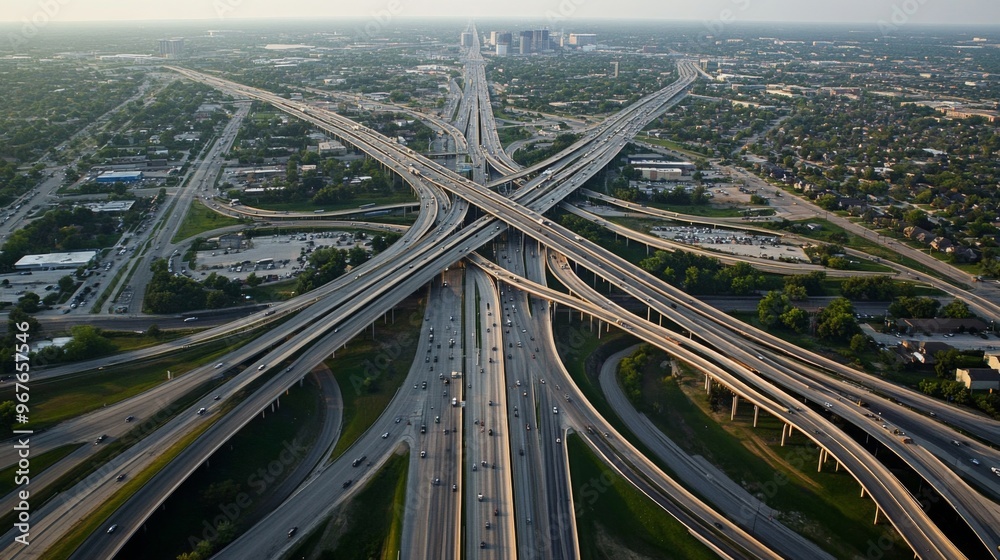 Aufkleber An aerial view of an expressway interchange, showcasing the complex network of roads and the organized layout of the transportation system.