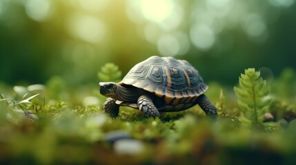  Turtle, green nature blurred background