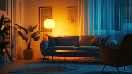 Living room interior with lights on at night