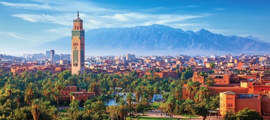 Moroccan Cityscape Historic Tower, Bustling City, and Majestic Atlas Mountains Panorama