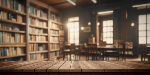 Colorful wooden platform indoor: bookstore or library.