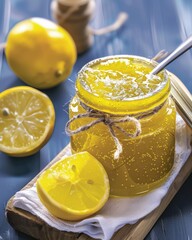 Bright lemon jam in a jar with slices of fresh lemon on a wooden board, showcasing vibrant colors and textures in a rustic kitchen setting during the afternoon