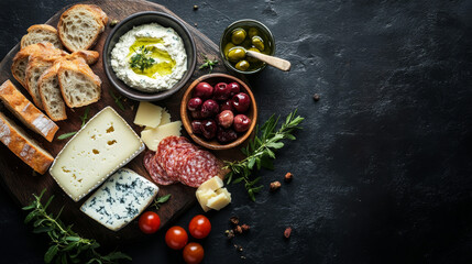 Charcuterie board with assorted cheeses, cured meats, olives, fresh bread, and herb-infused dip on a rustic wooden board, perfect for appetizers, parties, or gourmet dining
