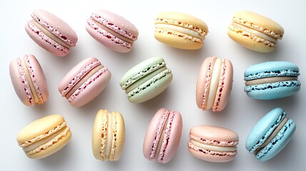 a whole view of multiple pastel-colored macarons on isolated white background, view from above, editorial photography