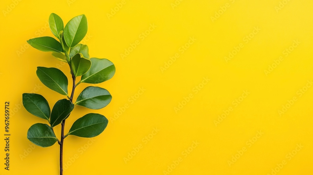 Poster Green Branch on Yellow Background