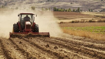Fototapeta premium A tractor plowing a dusty field, preparing the soil for planting crops.