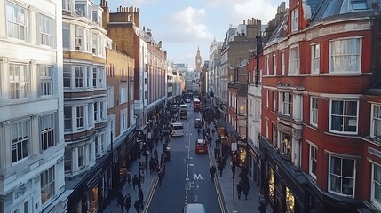 Obraz premium Bustling city street scene with diverse pedestrians and historic architecture.