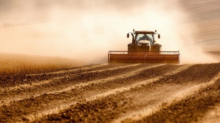 Fototapeta premium A tractor plows through dusty farmland, preparing the soil for planting crops.