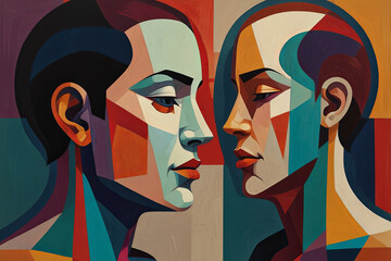 Abstract Human Figures in Geometric Shapes Conveying Emotion and Tension with Bold Colors and Dynamic Composition