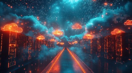 Obraz premium A futuristic digital landscape featuring vibrant clouds, glowing pathways, and towering structures in a surreal, high-tech atmosphere.