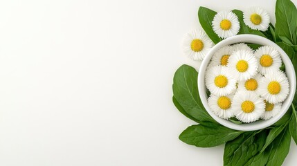 White Bowl of Daisies with Green Leaves on White Background