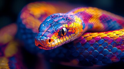 Fototapeta premium Close-up of a colorful snake with vibrant scales against a dark background