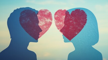 Silhouettes of a couple facing each other with heart shapes, symbolizing love and connection, against a serene background during sunset