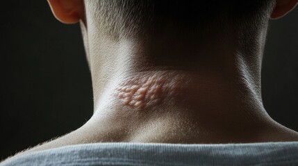 Fototapeta premium Close-up of a person neck with an allergic rash, scratching the area with visible discomfort.