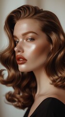 Naklejka premium A model showcasing a glamorous waves hairstyle, emphasizing the luxurious curls and shine 