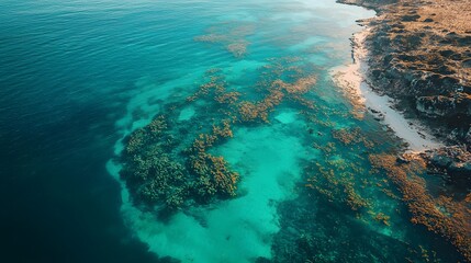 Aerial view of vibrant coral reefs and clear turquoise waters.