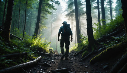 Obraz premium Forest Mysteries in Cloudy Summer: The Seeker's Jaunt Immersed in Landslide