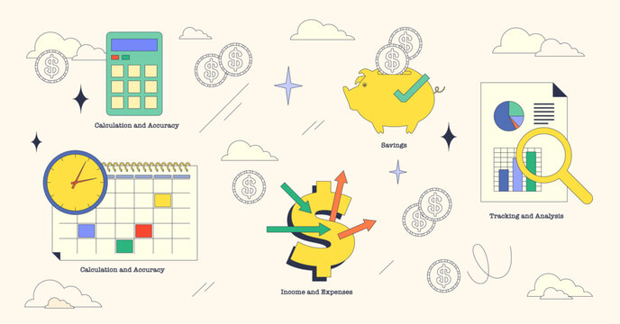Budget planning and financial calculations tiny neubrutalism collection. Labeled elements with accountancy monitoring, money flow control and accurate income expenses tracking vector illustration.