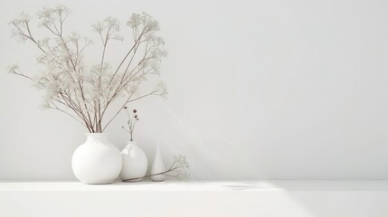 Minimalist White Interior with Vases and Dried Flowers