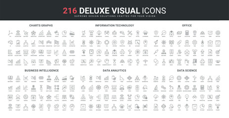 Business intelligence, charts and graphs of data, trends growth, elements of office work line icon set. Science analytics and information technology thin black outline symbols vector illustration