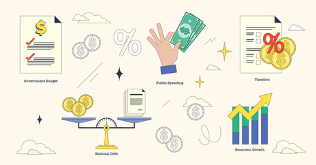 Fiscal policy and country economy monitoring tiny neubrutalism collection set. Labeled elements with government budget planning, public spending or taxation strategy vector illustration. Debt control