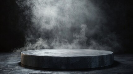 gray concrete podium with smoke, dark atmospheric background, perfect for modern product display and artistic industrial presentation