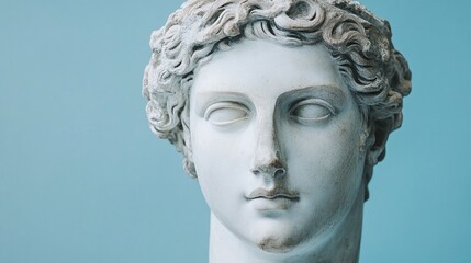 timeless greek statue head on light blue background, classical marble sculpture representing ancient art and greek cultural heritage