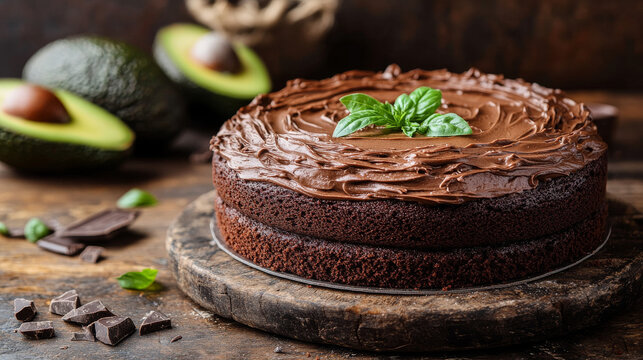 Vegan chocolate cake with creamy avocado frosting on a rustic wooden board, surrounded by fresh avocados and dark chocolate chunks